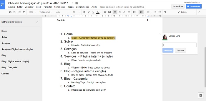 Checklist de produto digital com Google Docs
